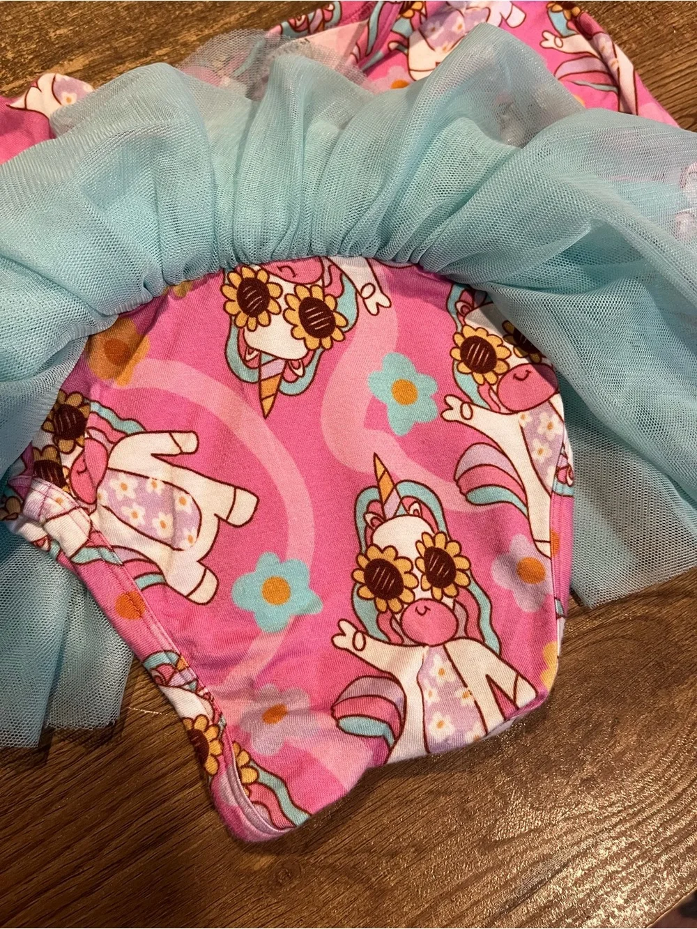Posh Peanut “groovy unicorn” Print Bodysuit with Light Blue Tulle Skirt
